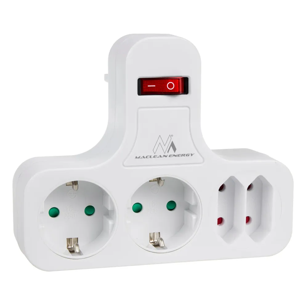 Maclean MCE224 Stopcontact Viervoudig met aan/uit schakelaar Stabilisatievoet Schuko type, 2x2.5A, 2x16A Zwart