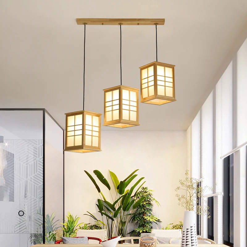 Netwerk Moderne rechthoekige houten hangende LED-eetkamerlamp met meerdere hangers