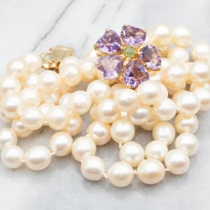 Vintage Pearl Necklace Amethyst and Jade Floral Clasp
