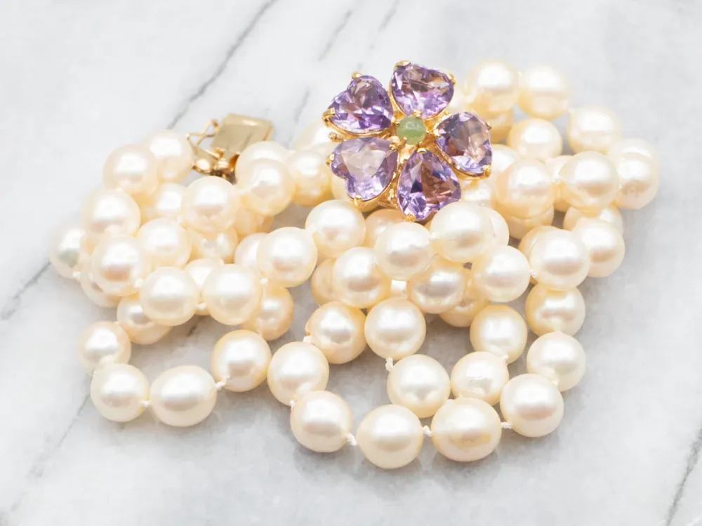 Vintage Pearl Necklace Amethyst and Jade Floral Clasp