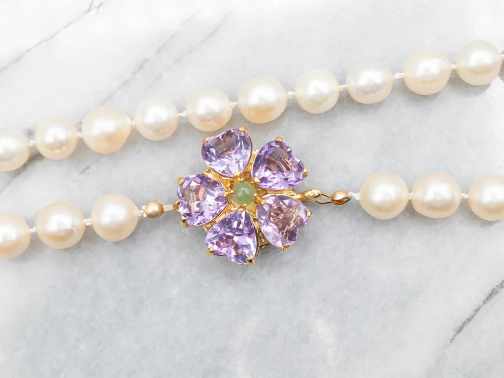 Vintage Pearl Necklace Amethyst and Jade Floral Clasp