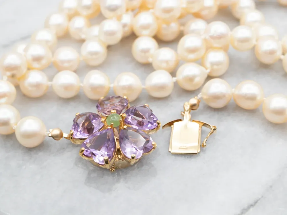 Vintage Pearl Necklace Amethyst and Jade Floral Clasp