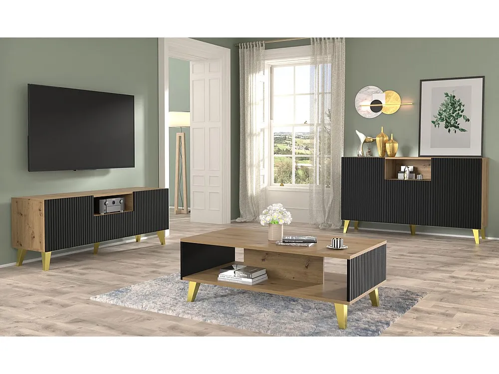Ladenkast RAVENNA B 150 cm 2D1DM ambachtelijk eiken / mat zwart + gouden poten Snel gemonteerd