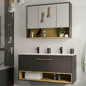 Hangmeubel voor badkamer met dubbele inbouwwastafel en toiletkastje, 120 cm, YANGRA