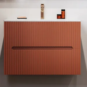 Hangend badkamermeubel met enkele wastafel, terracotta met ribbels, L80 cm, PAVANI