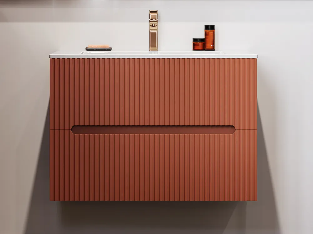 Hangend badkamermeubel met enkele wastafel, terracotta met ribbels, L80 cm, PAVANI