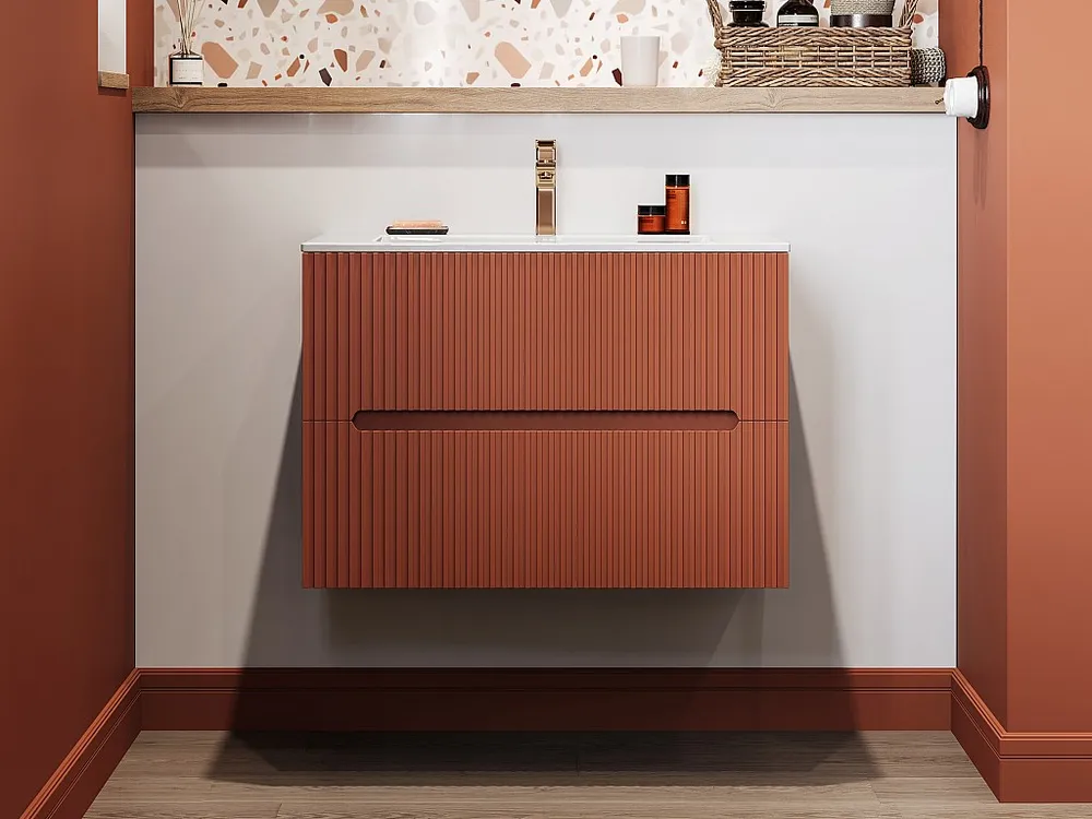 Hangend badkamermeubel met enkele wastafel, terracotta met ribbels, L80 cm, PAVANI