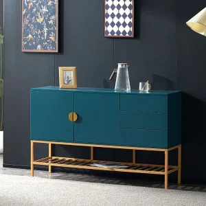 Buffet bleu 130x39.9x82.4cm, Buffet Armoire en MDF, écorations dorées style classique