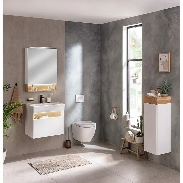 Camargue Nature Led-spiegelkast - b x h: 60 x 82,2 cm, Met verlichting, Hout, Wit/Eik, Aanslag: Links