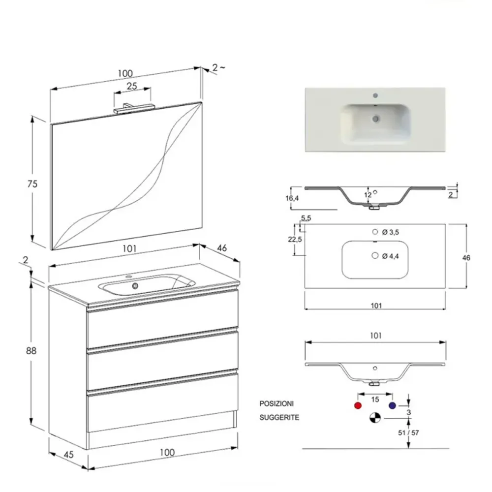 Nexu suspended bathroom composition 3 drawers sink mirror LED lamp 100x90 cm - Sneeuwwit