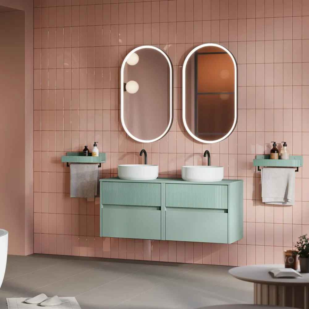 Niwa09 suspended bathroom composition Falegnameria Adriatica 2 base cabinets washbasins, 2 washbasins, 2 mirrors, and 2 sh...