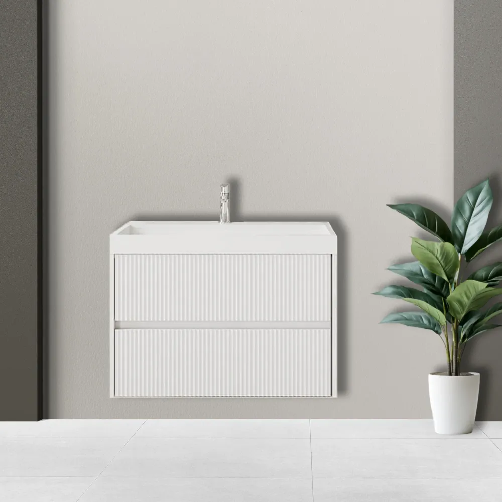 Aan de wand ribbed bathroom cabinet 60 cm sink matte white color - Cubi&Co Pure Collection