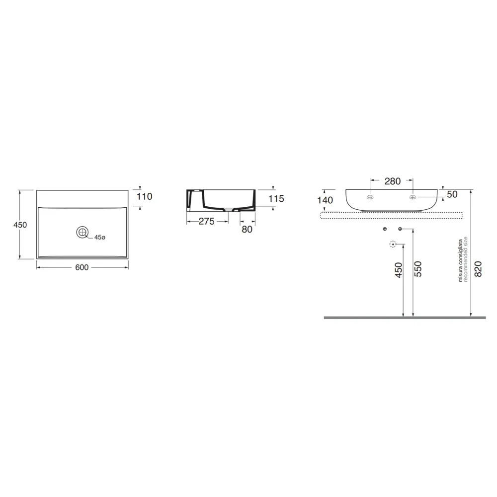 Azzurra Leuca line countertop sink 60x45 cm - Glossy melkwit