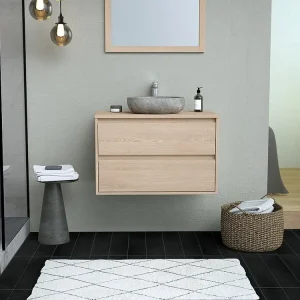 Badkamermeubel met enkele opzetwastafel van steen met spiegel, 80 cm, MILIPAM