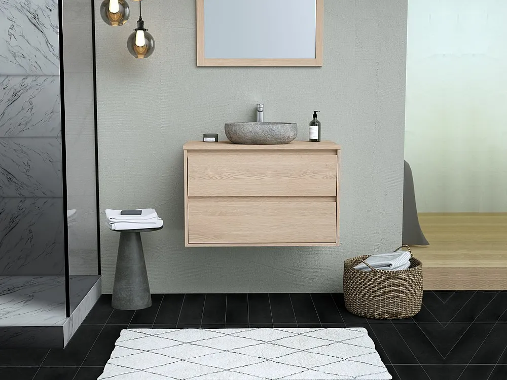 Badkamermeubel met enkele opzetwastafel van steen met spiegel, 80 cm, MILIPAM