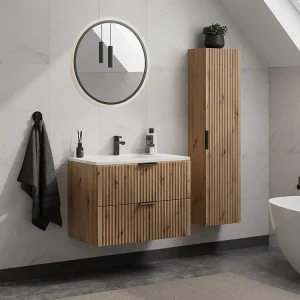 Badkamermeubel met inbouwwastafel en kolomkast, lichte houtlook, 80 cm, ZEVARA