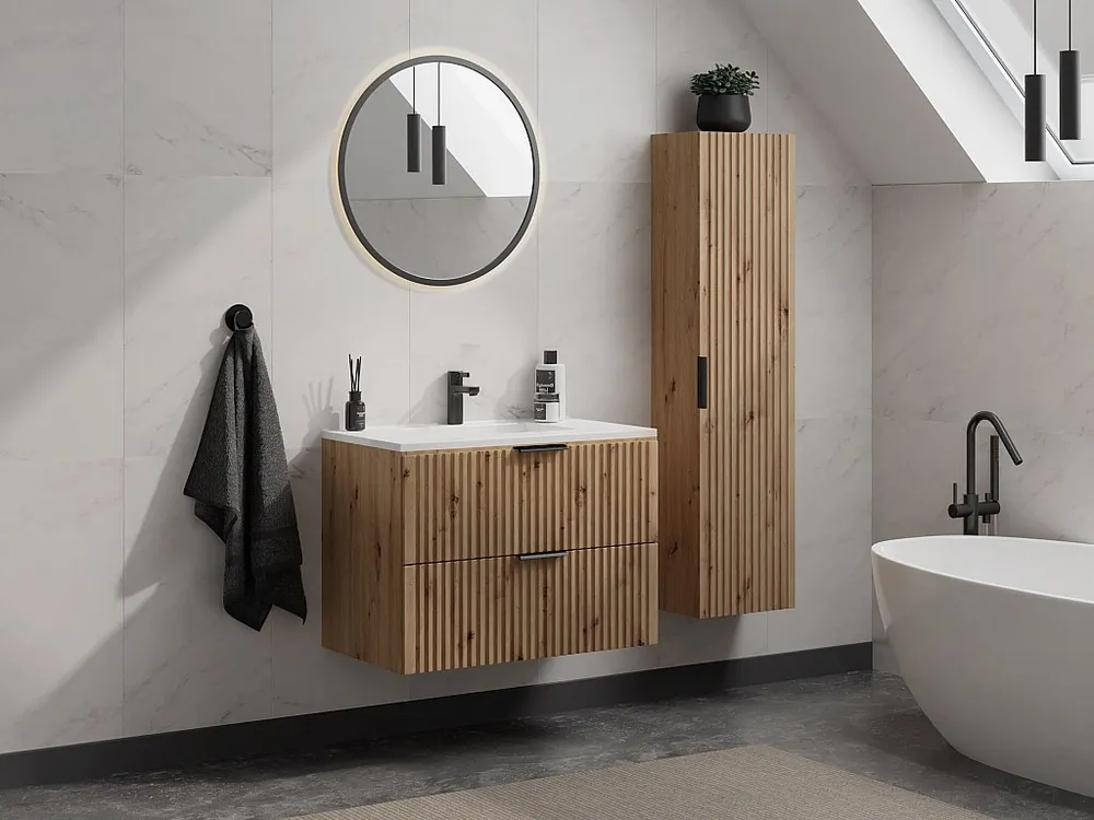 Badkamermeubel met inbouwwastafel en kolomkast, lichte houtlook, 80 cm, ZEVARA