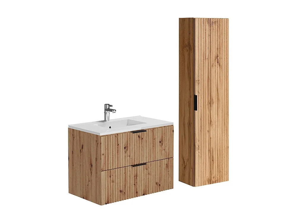 Badkamermeubel met inbouwwastafel en kolomkast, lichte houtlook, 80 cm, ZEVARA