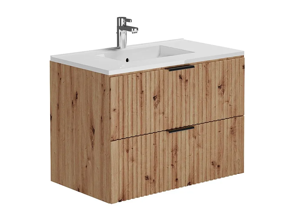 Badkamermeubel met inbouwwastafel en kolomkast, lichte houtlook, 80 cm, ZEVARA