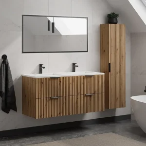Badkamermeubel met inbouwwastafel en kolomkast, zacht naturel, 120 cm, ZEVARA