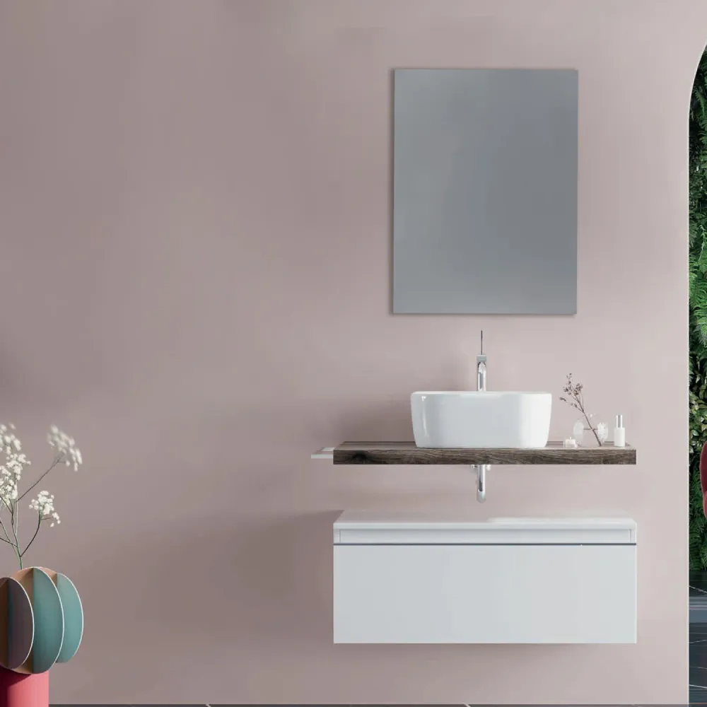 Bathroom cabinet ceramic countertop sink and mirror 80 cm fossil oak and spiegelend white - Cubi&Co Destiny 2 model