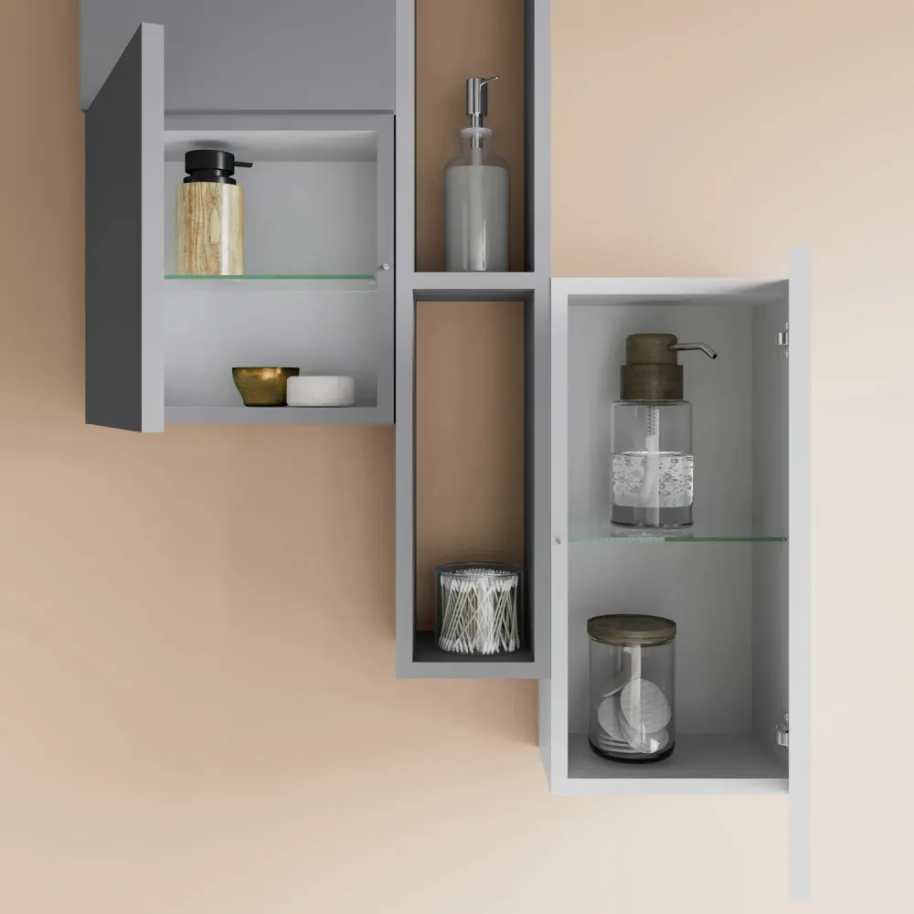 Bathroom cabinet ceramic countertop sink and mirror 80 cm fossil oak and spiegelend white - Cubi&Co Destiny 2 model