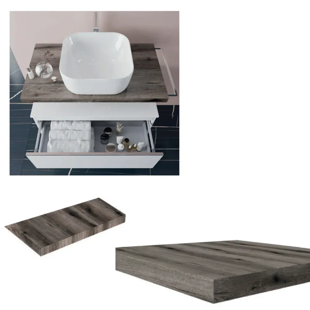 Bathroom cabinet ceramic countertop sink and mirror 80 cm fossil oak and spiegelend white - Cubi&Co Destiny 2 model