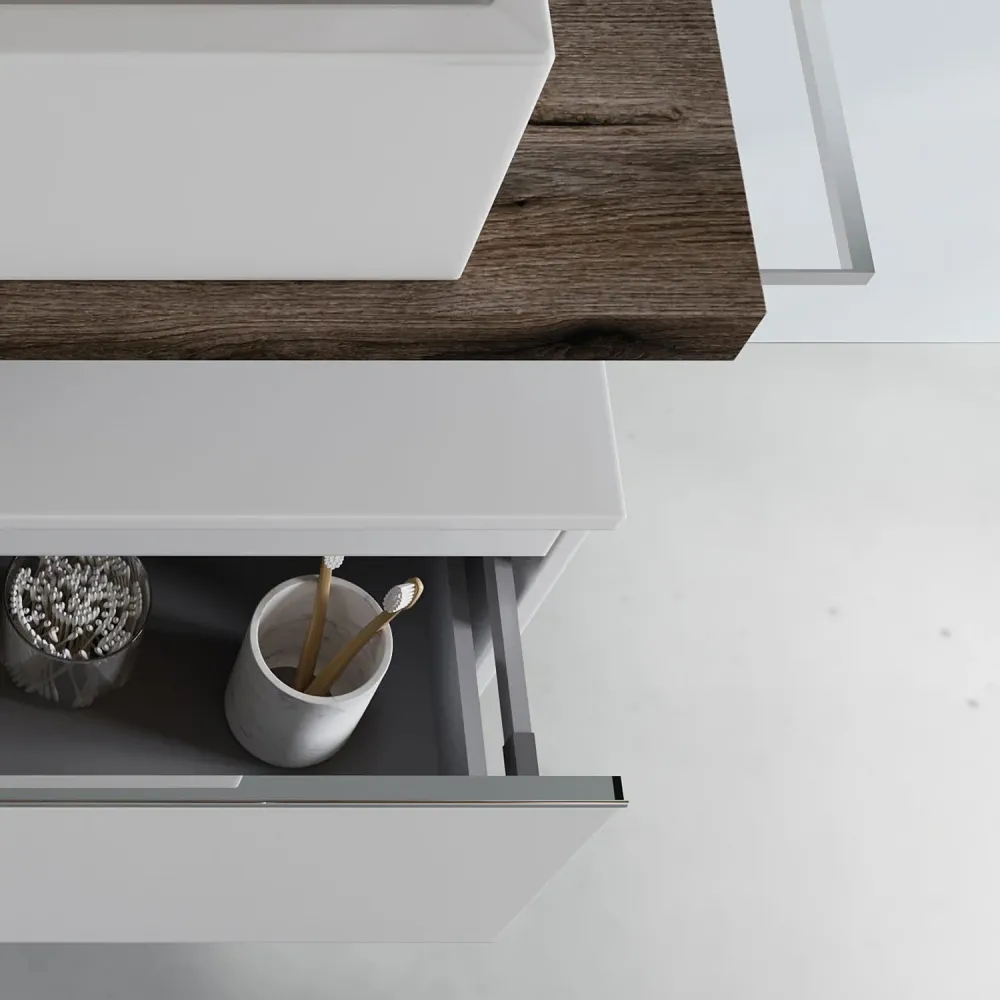 Bathroom cabinet ceramic countertop sink and mirror 80 cm fossil oak and spiegelend white - Cubi&Co Destiny 2 model