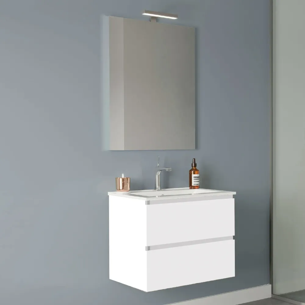 Bathroom cabinet ceramic sink, mirror, and lamp 60 cm, color Glossy Sneeuwwit - Cubi&Co model Symmetry Classic 1