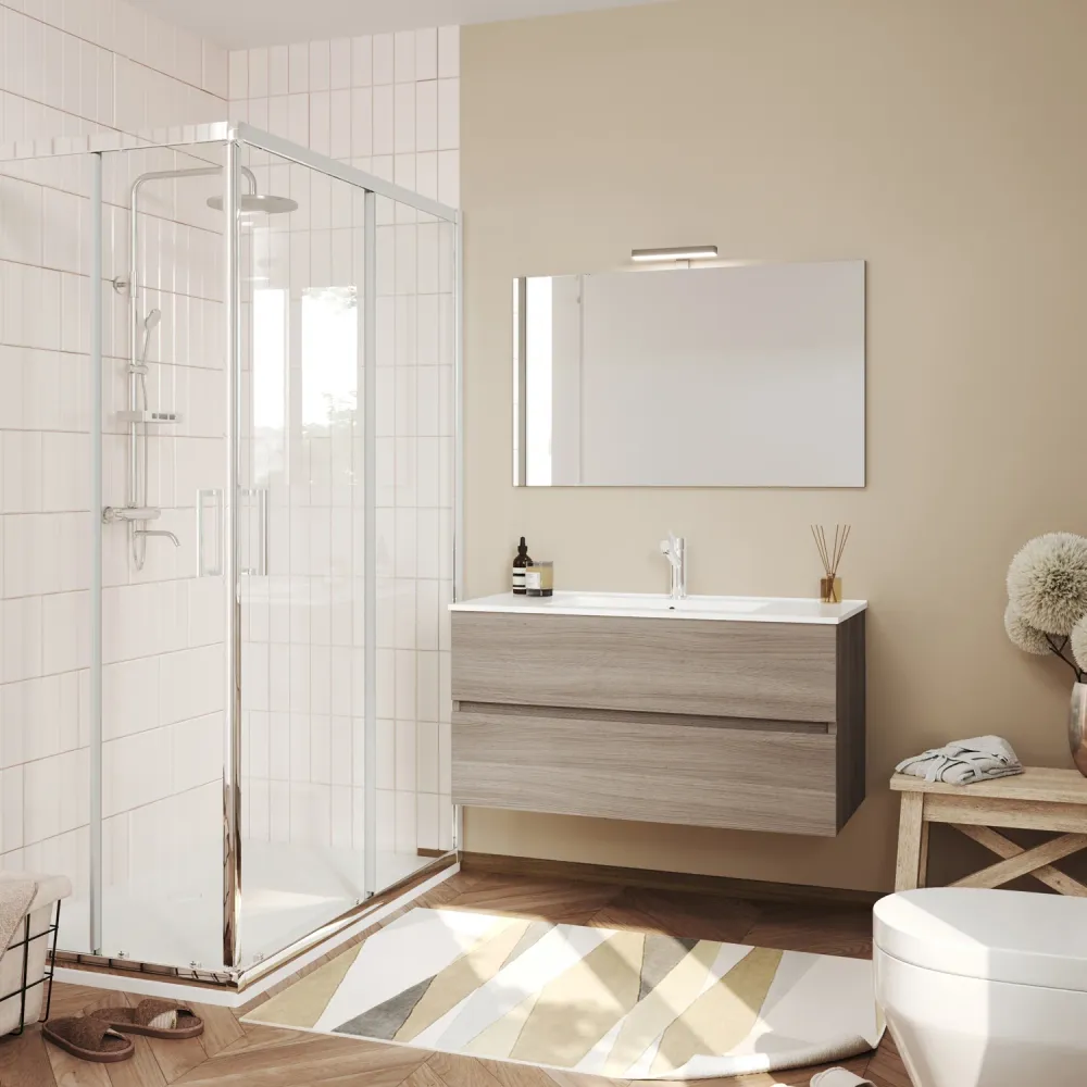 Bathroom cabinet ceramic sink, mirror, and 90 cm Smoke Oak color - Cubi&Co Symmetry Klassiek 3 model
