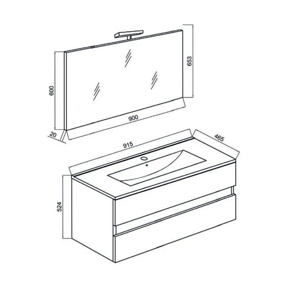 Bathroom cabinet ceramic sink, mirror, and 90 cm Smoke Oak color - Cubi&Co Symmetry Klassiek 3 model