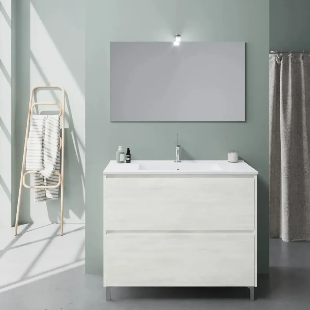 Bathroom cabinet Cubi&Co Berlin 100 sink, mirror and lamp - White Eiken