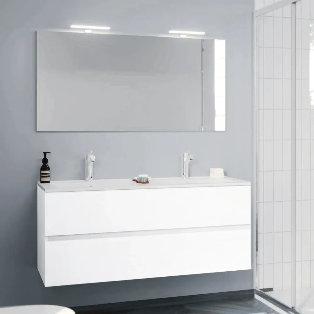 Bathroom cabinet double ceramic sink, mirror and lamps, 120 cm, glossy ivoor color - Cubi&Co model Symmetry Classic 5