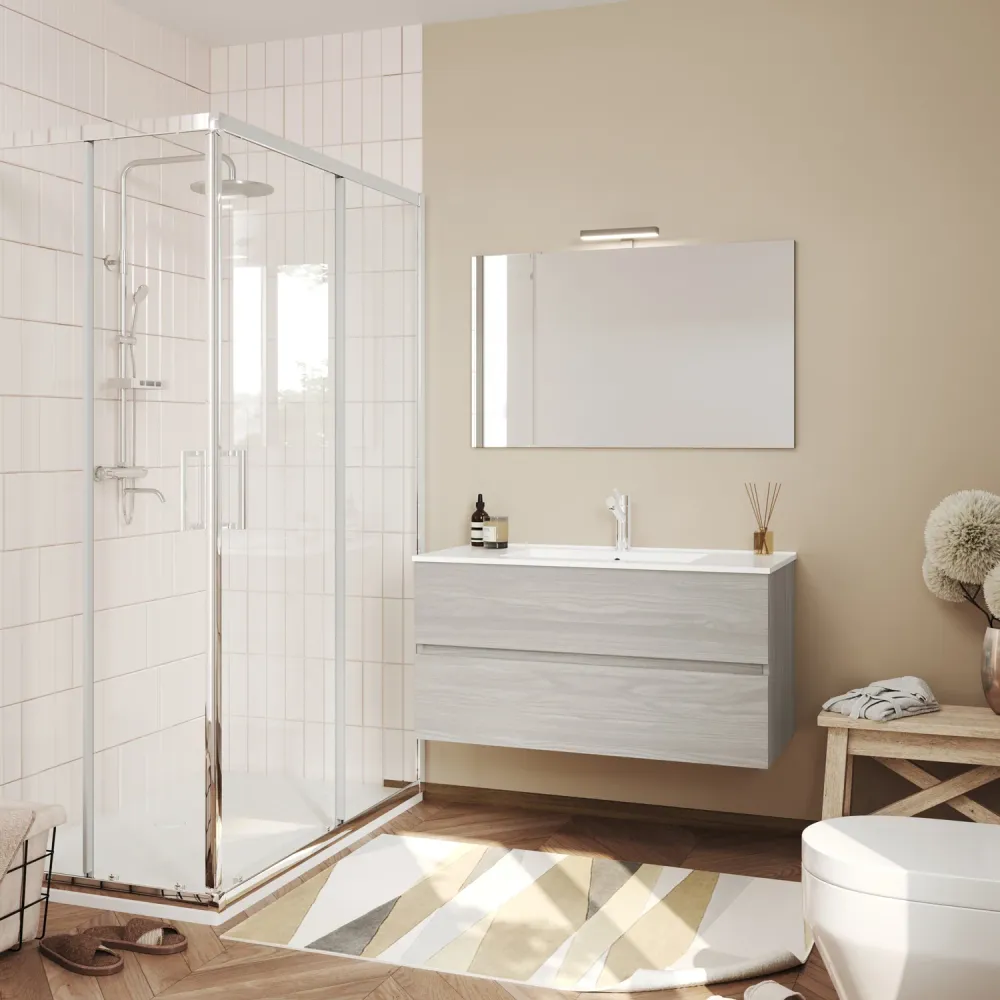 Bathroom cabinet keramisch sink, mirror, and lamp 90 cm gray oak color - Cubi&Co model Symmetry Classic 3