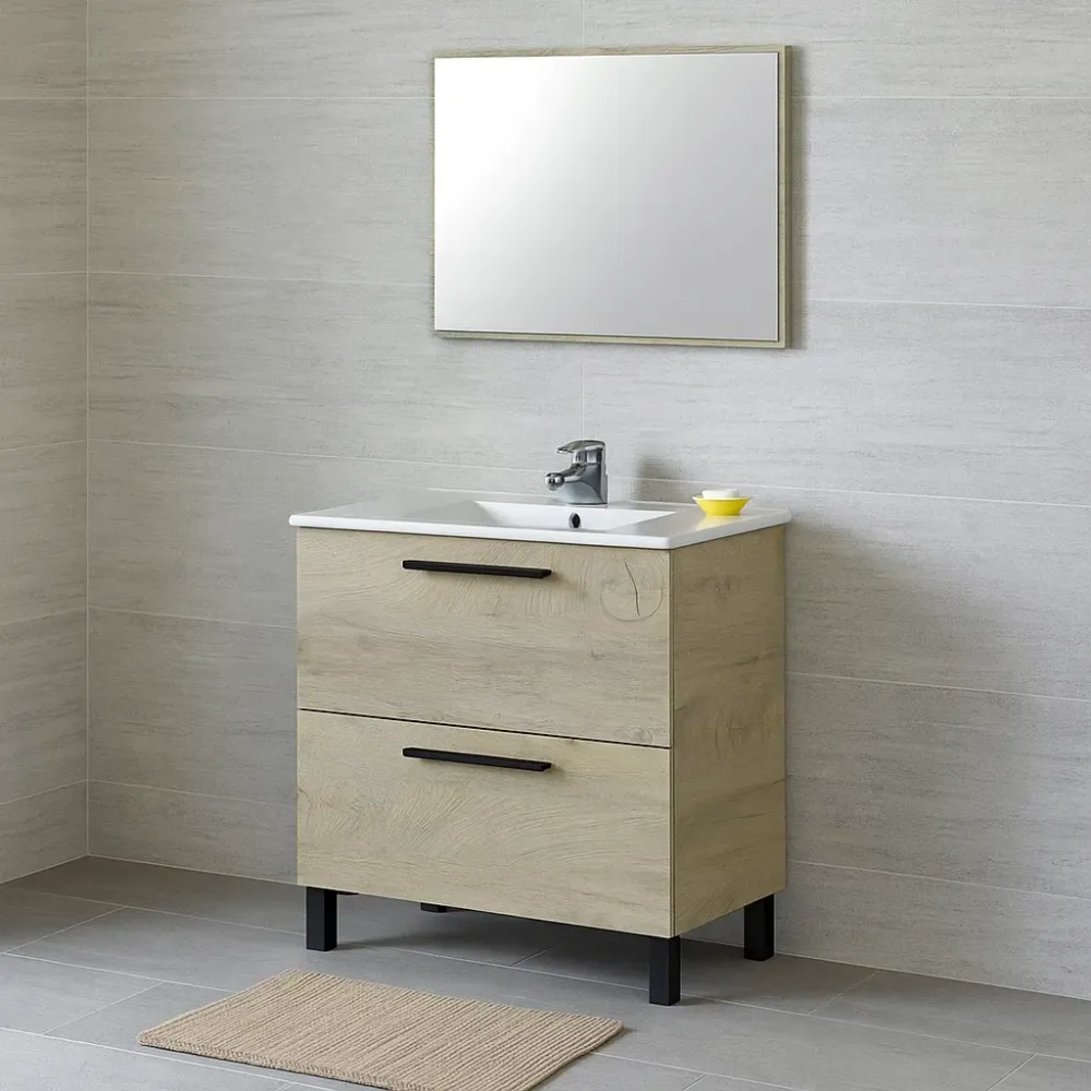 Bathroom cabinet Line 2 drawers sink and mirror Alaska Eik color 80 cm