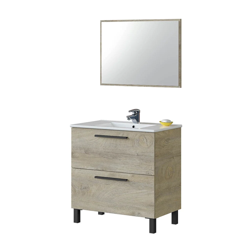 Bathroom cabinet Line 2 drawers sink and mirror Alaska Eik color 80 cm