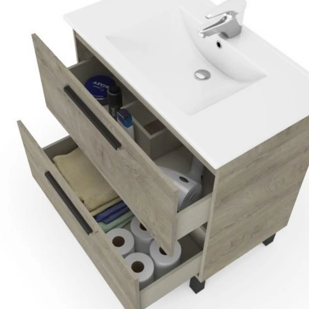 Bathroom cabinet Line 2 drawers sink and mirror Alaska Eik color 80 cm