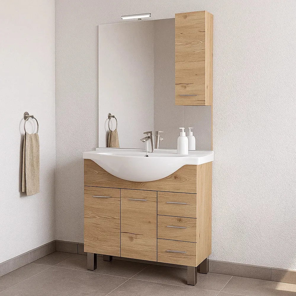 Bathroom cabinet model Arianna 2-door base, Sink 85 and Mirror cabinet Puur natuur Oak finish