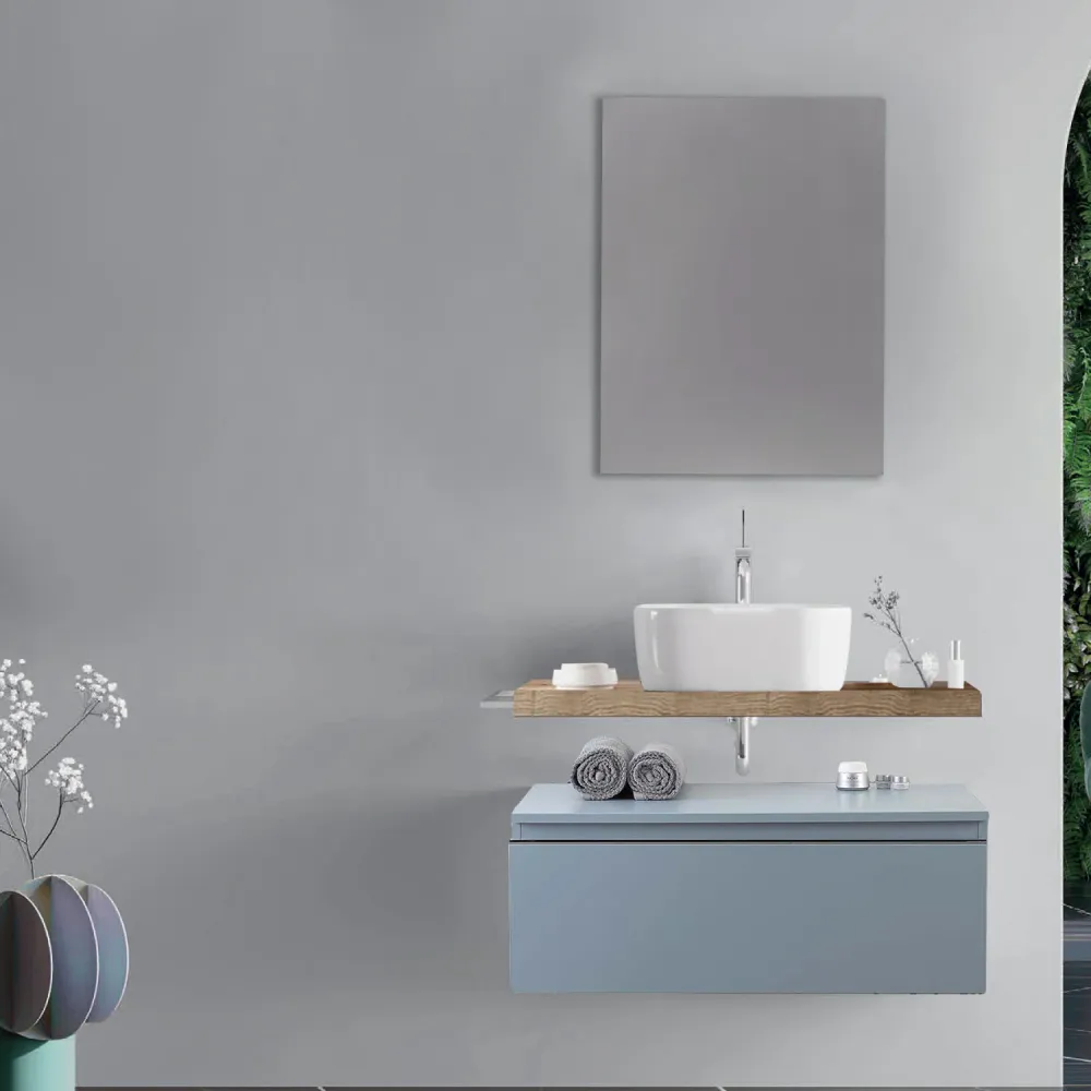 Bathroom cabinet porselein countertop sink and mirror 80 cm natural oak and matte pastel blue - Cubi&Co Destiny 2 model