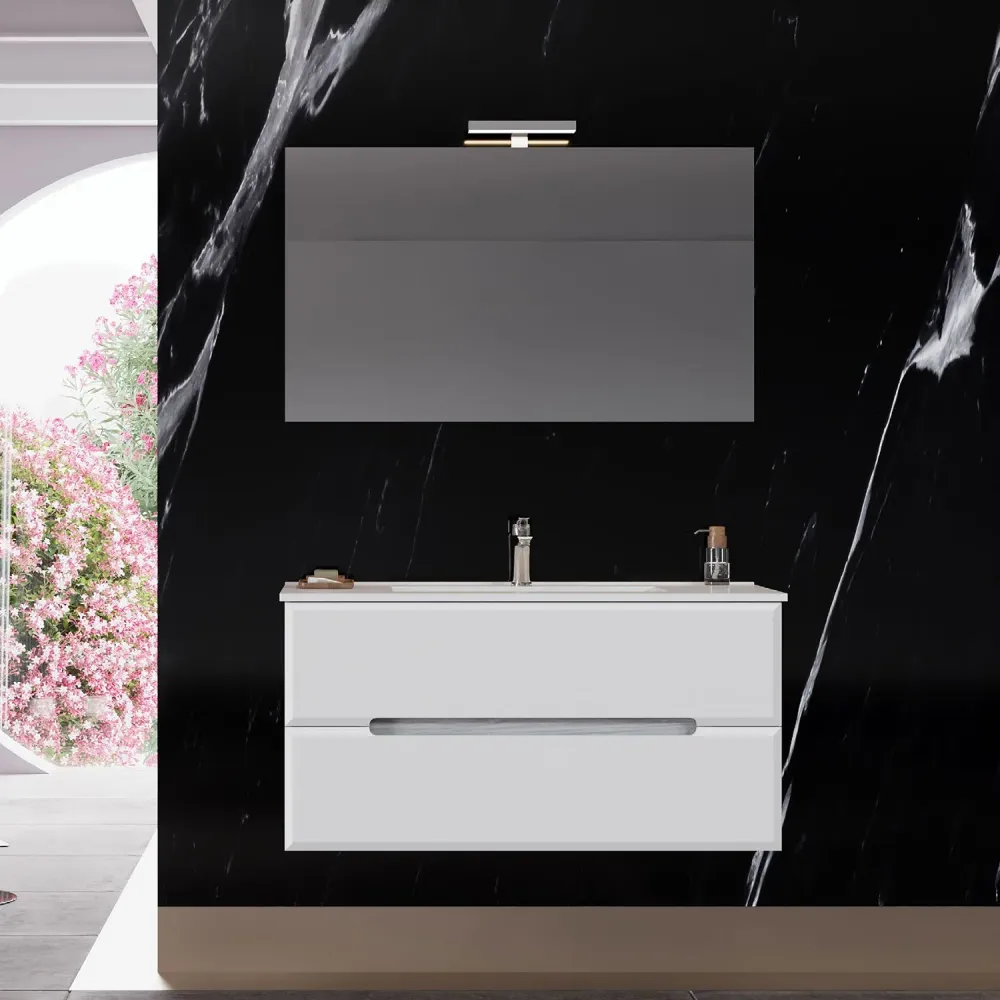 Bathroom cabinet two drawers ceramic sink, mirror, and lamp 100 cm Gedempt White - Cubi&Co Fluid 3 model