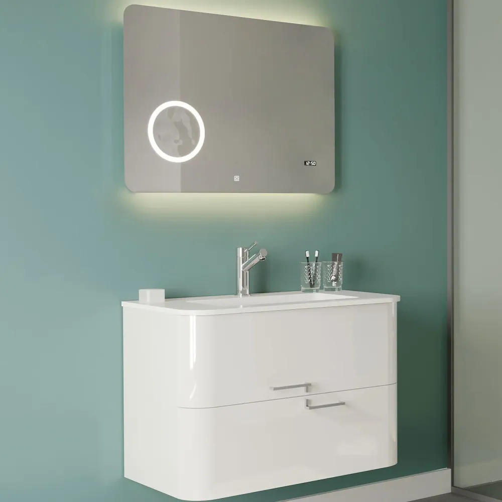 Bathroom cabinet two drawers resin sink, mirror and lamp cm 80 - Cubi&Co Mood 2 Spiegelend White model