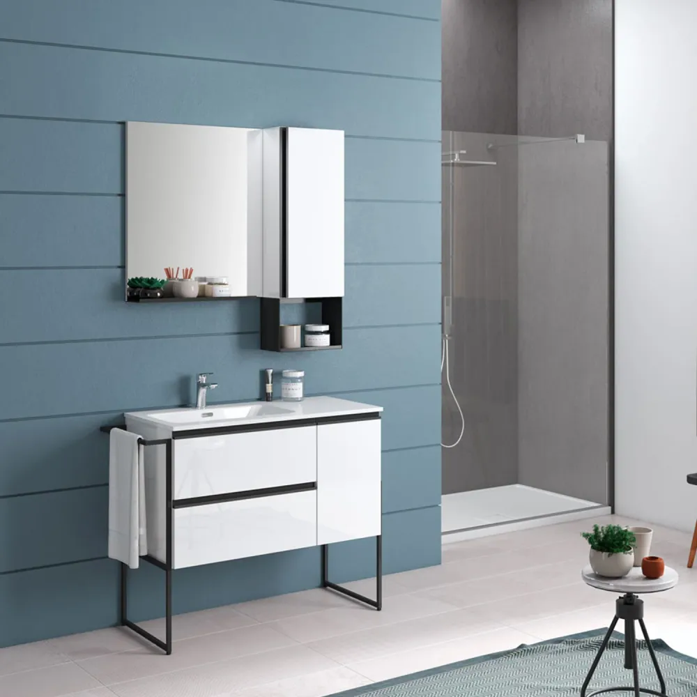 Bathroom furniture composition sink, wall cabinet and mirror model York08 100x46x190h cm Glossy Melkwit