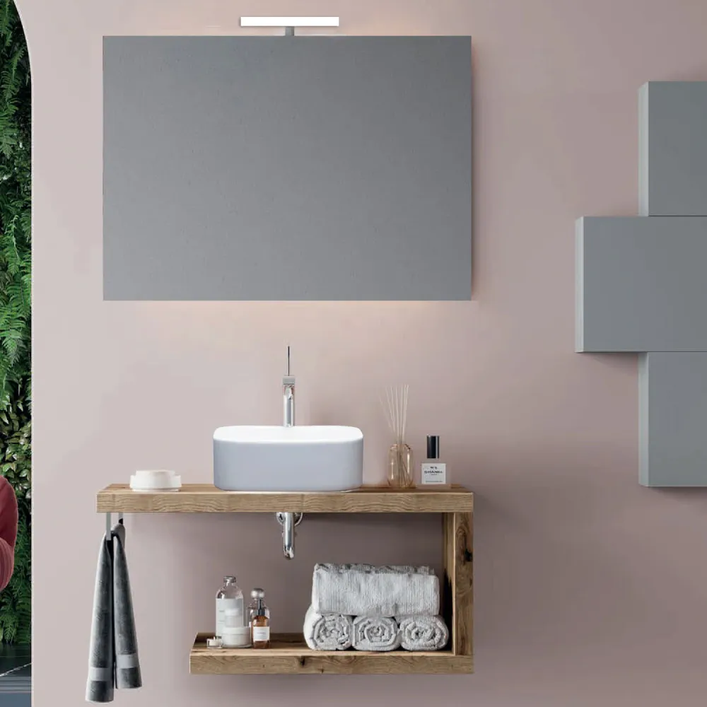 Bathroom wall unit countertop ceramic sink 80 cm puur oak - Cubi&Co Destiny model mirror and lamp