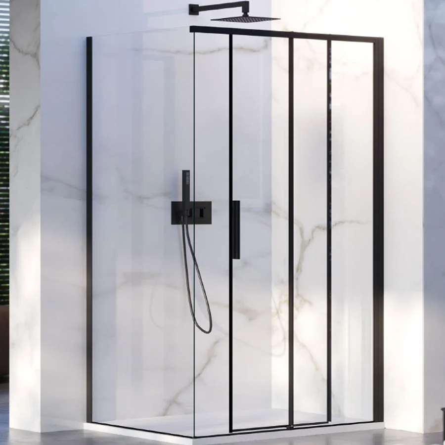 Corner shower enclosure 80x100 fixed side and sliding door 6 mm crystal and zwart profile Right version