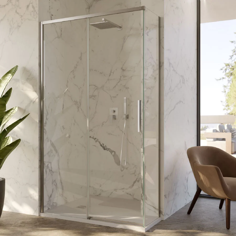 Corner shower enclosure 90x160 fixed side and sliding door 6 mm crystal and levendig chrome profile Left version