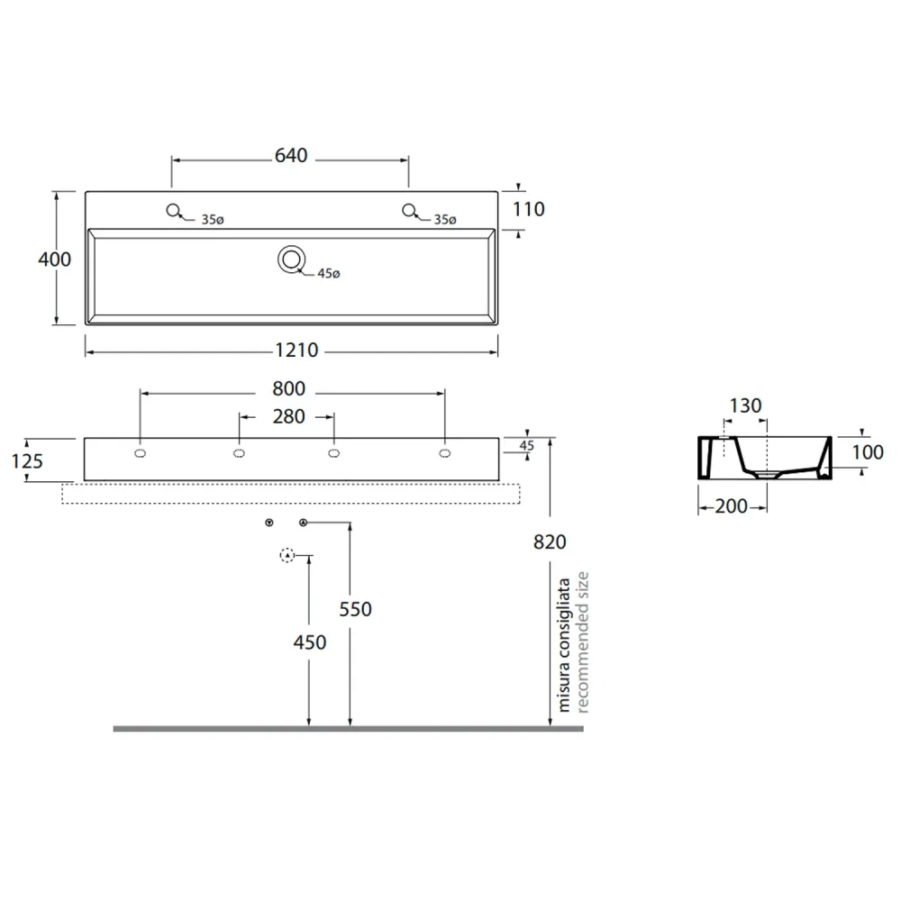 Countertop/wall-mounted sink Azzurra Elegance Squared series 122x40 cm - Lak white