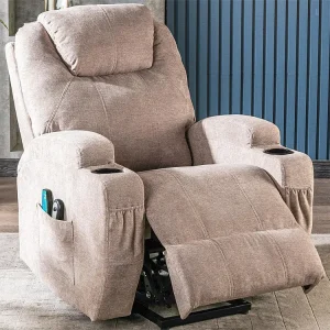 Elektrische relaxfauteuil met verwarmings- en trilfunctie - 2 bekerhouders en zijvakken - Lichtgrijs