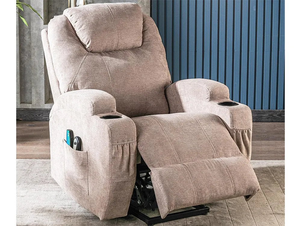 Elektrische relaxfauteuil met verwarmings- en trilfunctie - 2 bekerhouders en zijvakken - Lichtgrijs