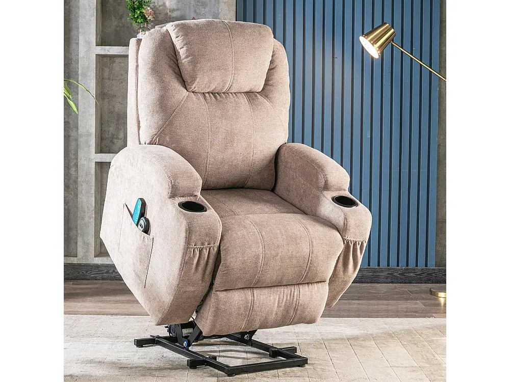 Elektrische relaxfauteuil met verwarmings- en trilfunctie - 2 bekerhouders en zijvakken - Lichtgrijs