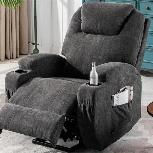 Elektrische relaxfauteuil met verwarmings- en trilfunctie - 2 bekerhouders en zijvakken - Grijs